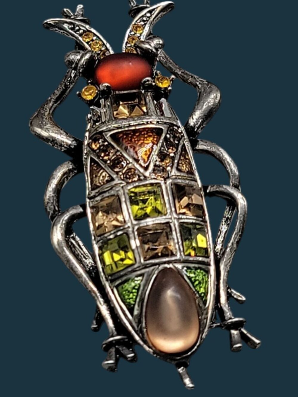 Beetle Brooch With Multicolor Frosted & Faceted Glass Stones Silver Tone Setting - Picture 2 of 7